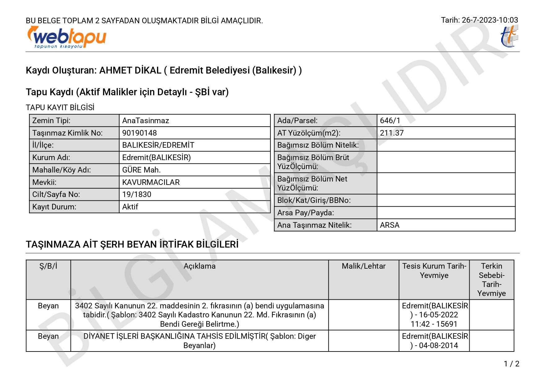 tapu-kaydi_page-0001 EDREMİT BELEDİYESİ'NDEN KAVURMACILARDA YIKILAN MİNARE İLE İLGİLİ BASIN AÇIKLAMASI